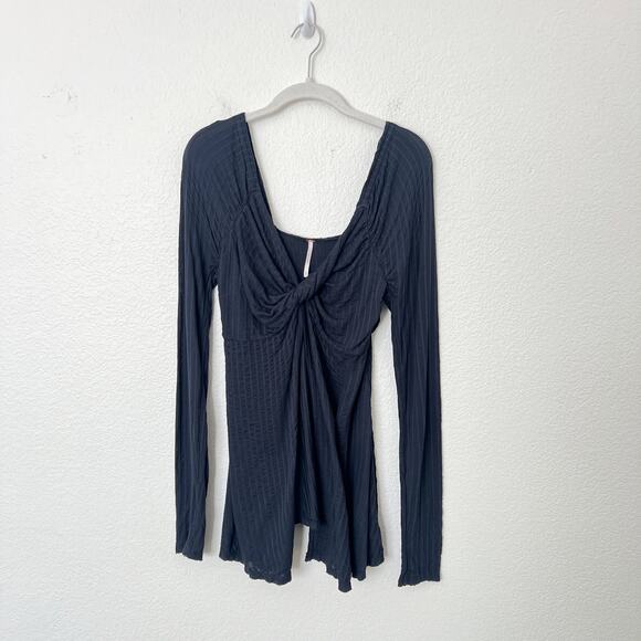 [Free People] Navy Blue Twisted Bust Open Front Slit Long Sleeve Top Sz Medium M - Picture 2 of 11